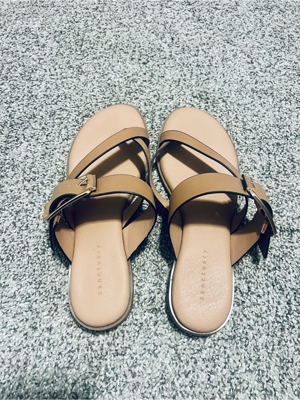 Women’s Sanctuary Light Tan Slip-On Sandals with Buckle - Picture 2 of 5